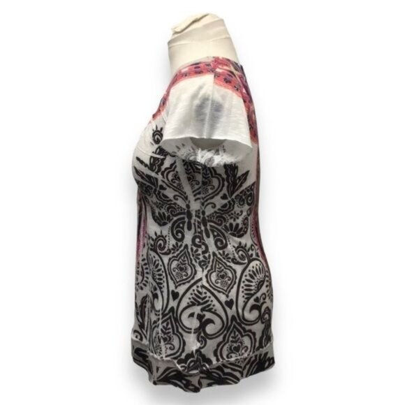 One World Women’s Short Sleeve Deep V Paisley Boho Top, White, size M - Picture 3 of 10
